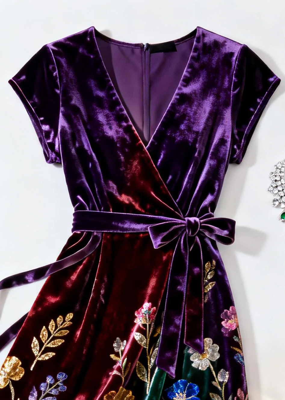 Elegant Purple V Neck Print Tie Waist Silk Velvet Dress Summer - Image 2