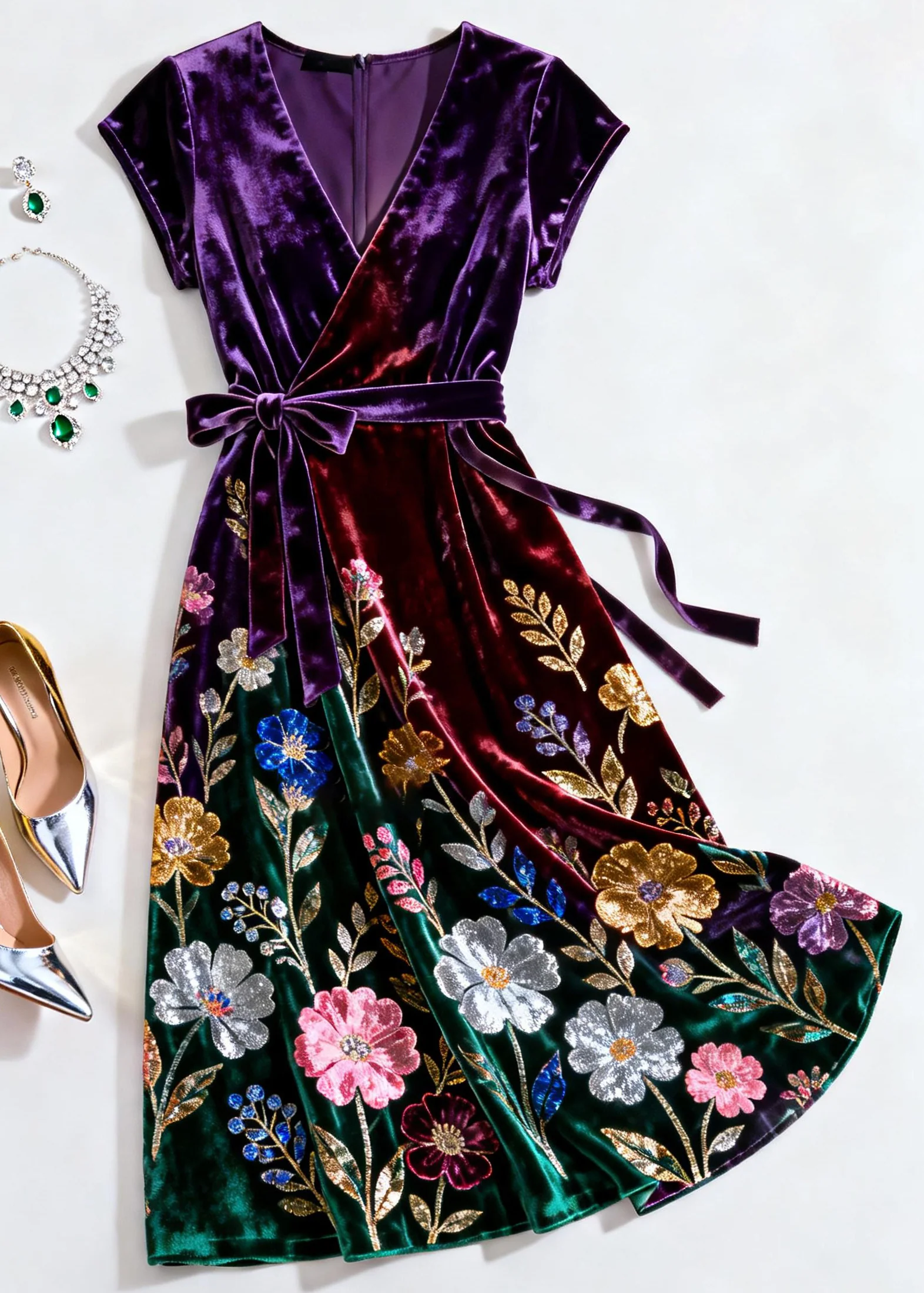 Elegant Purple V Neck Print Tie Waist Silk Velvet Dress Summer - Image 3