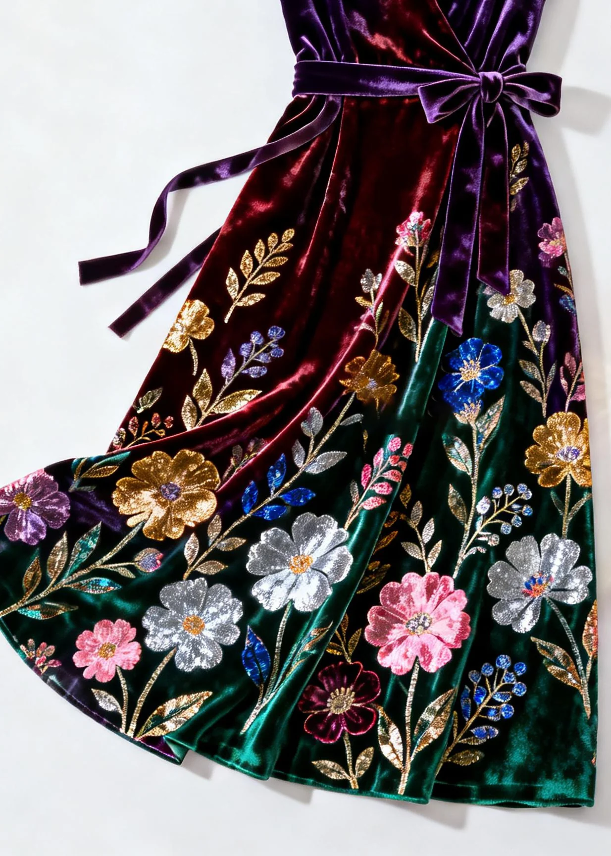 Elegant Purple V Neck Print Tie Waist Silk Velvet Dress Summer - Image 4