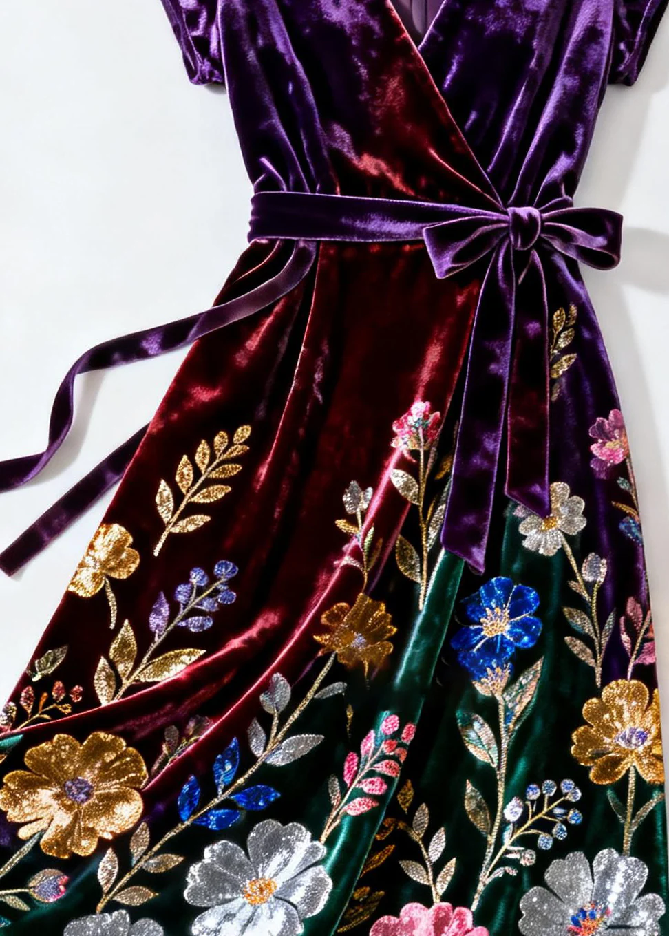 Elegant Purple V Neck Print Tie Waist Silk Velvet Dress Summer - Image 5