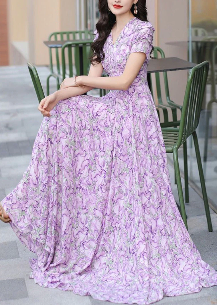 Elegant Purple V Neck Print Wrinkled Chiffon Dress Summer - Image 2