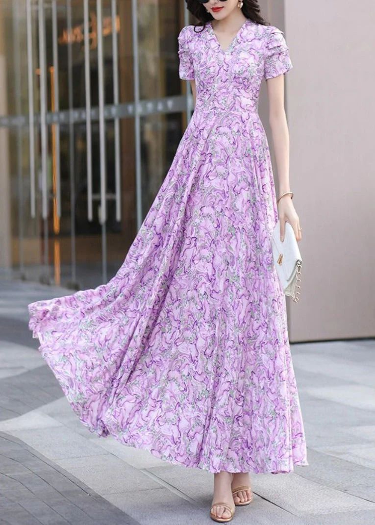 Elegant Purple V Neck Print Wrinkled Chiffon Dress Summer - Image 3