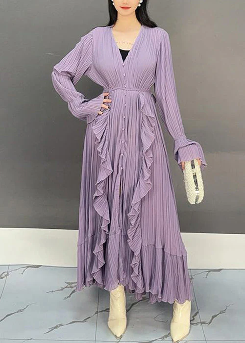 Elegant Purple V Neck Ruffled Long Dresses Flare Sleeve - Image 2