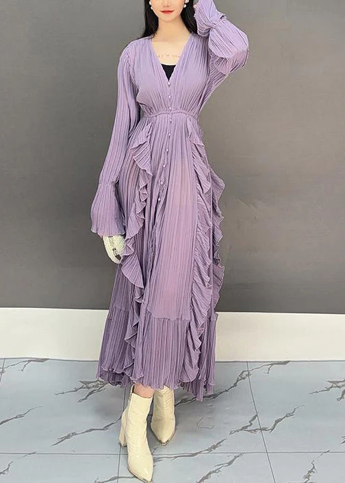 Elegant Purple V Neck Ruffled Long Dresses Flare Sleeve - Image 3