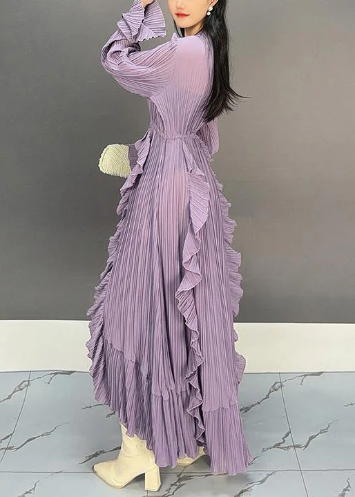 Elegant Purple V Neck Ruffled Long Dresses Flare Sleeve - Image 4