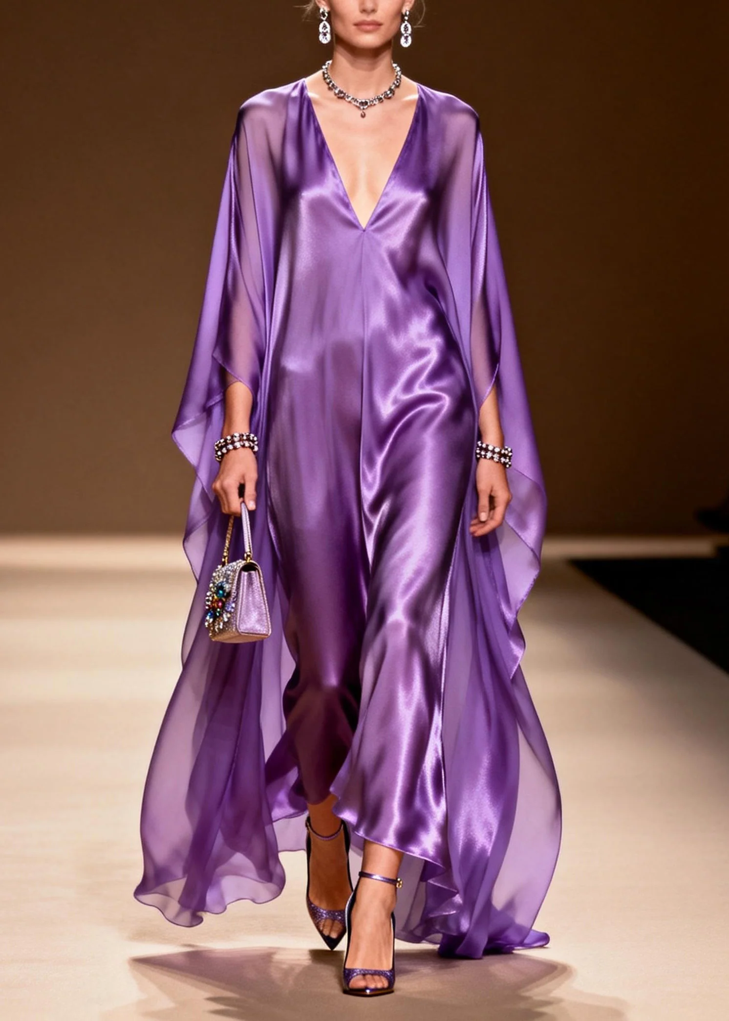Elegant Purple V Neck Silk Long Dress Spring