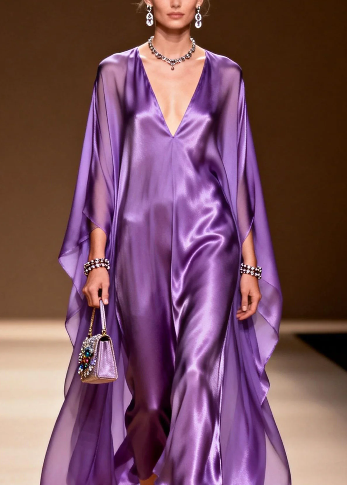 Elegant Purple V Neck Silk Long Dress Spring - Image 2
