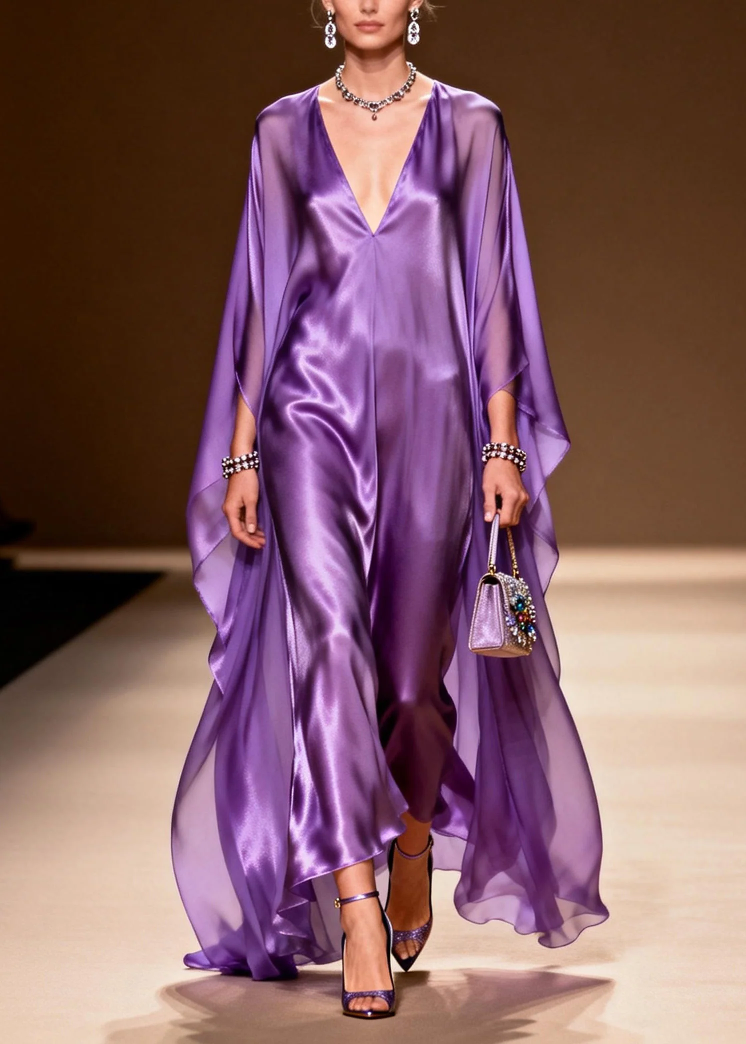 Elegant Purple V Neck Silk Long Dress Spring - Image 3