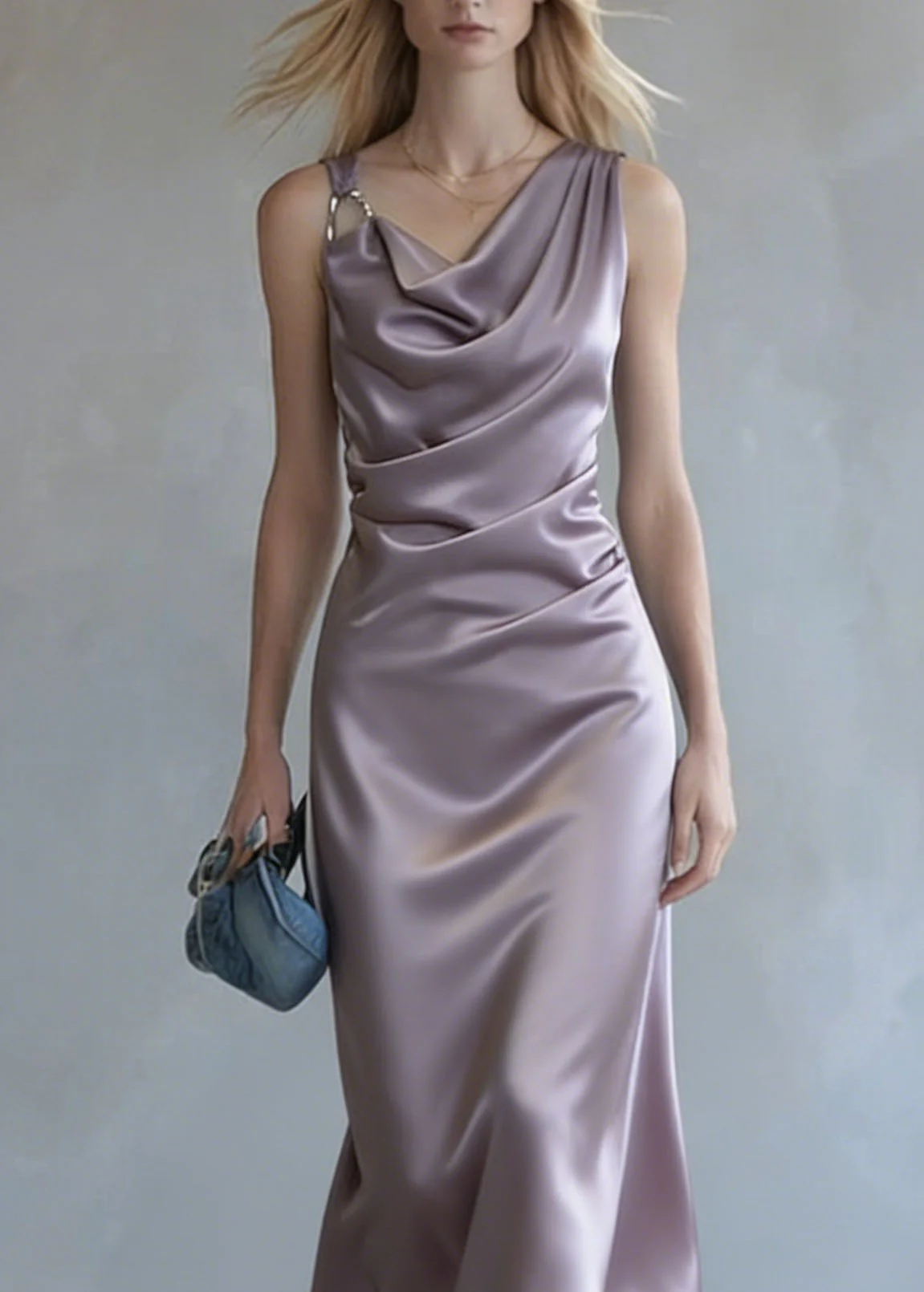 Elegant Purple Wrinkled Silk Spaghetti Strap Dress Summer - Image 2