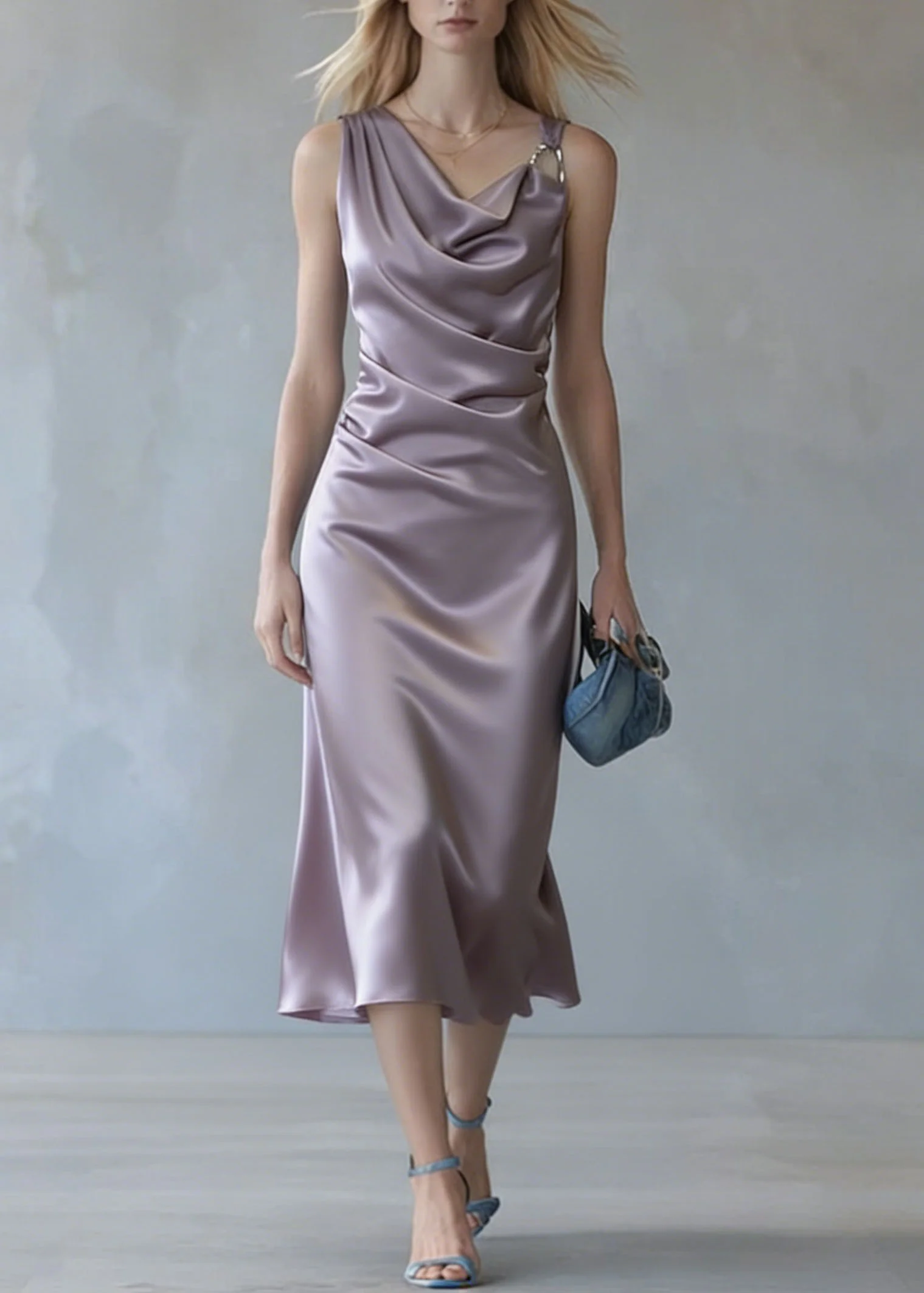 Elegant Purple Wrinkled Silk Spaghetti Strap Dress Summer - Image 3