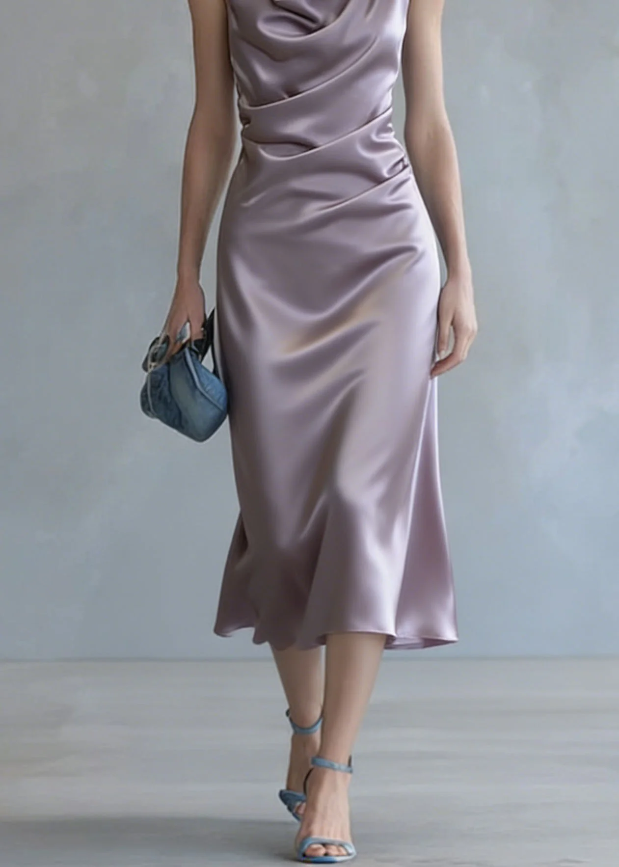 Elegant Purple Wrinkled Silk Spaghetti Strap Dress Summer - Image 4