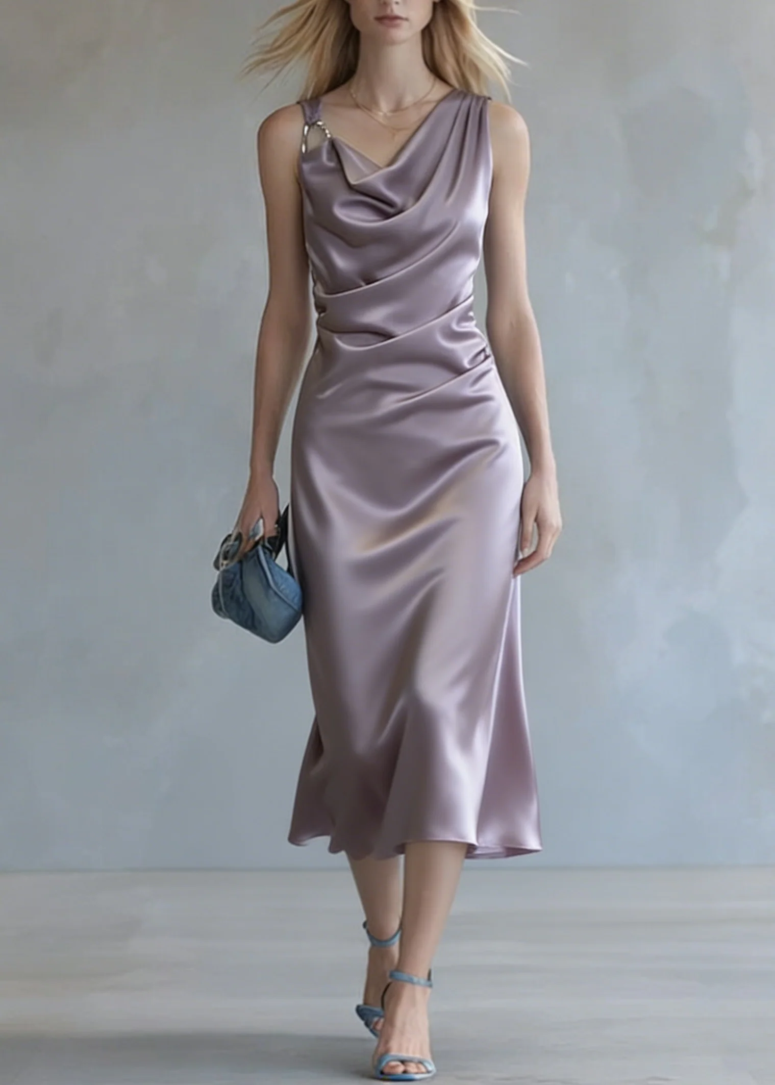 Elegant Purple Wrinkled Silk Spaghetti Strap Dress Summer - Image 5