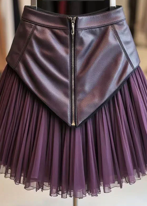 Elegant Purple Zippered Wrinkled Tulle Patchwork Skirts Spring - Image 4