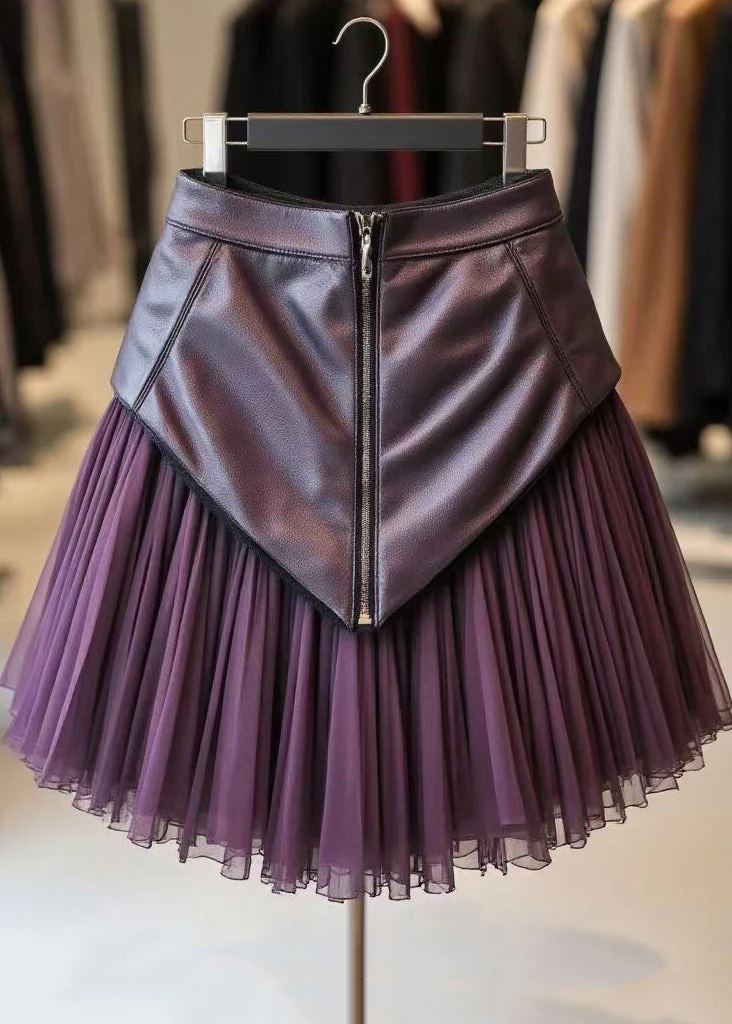 Elegant Purple Zippered Wrinkled Tulle Patchwork Skirts Spring - Image 5