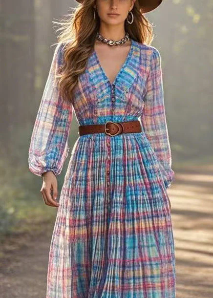 Elegant Rainbow Cinched Plaid Cotton Dresses Spring - Image 2