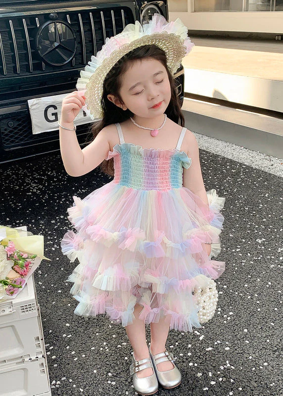 Elegant Rainbow Ruffled Exra Large Hem Tulle Kids Girls Spaghetti Strap Dress Summer - Image 2