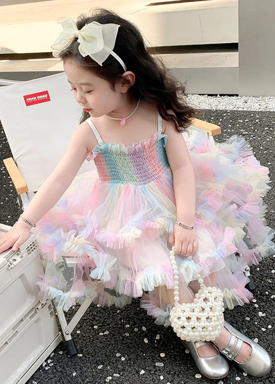 Elegant Rainbow Ruffled Exra Large Hem Tulle Kids Girls Spaghetti Strap Dress Summer - Image 3