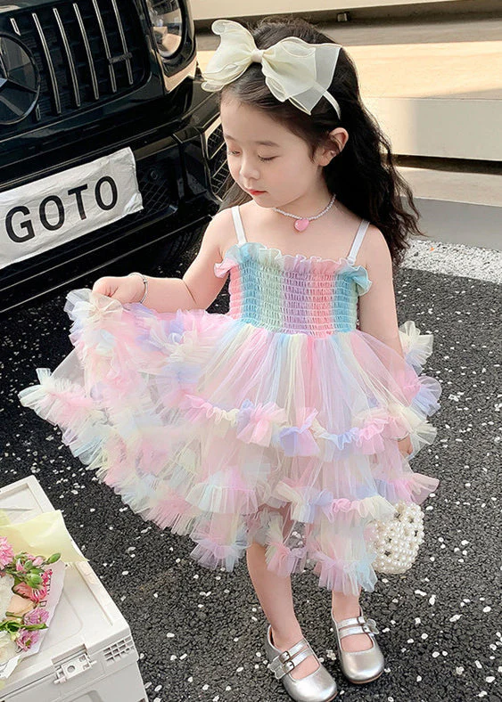 Elegant Rainbow Ruffled Exra Large Hem Tulle Kids Girls Spaghetti Strap Dress Summer - Image 4