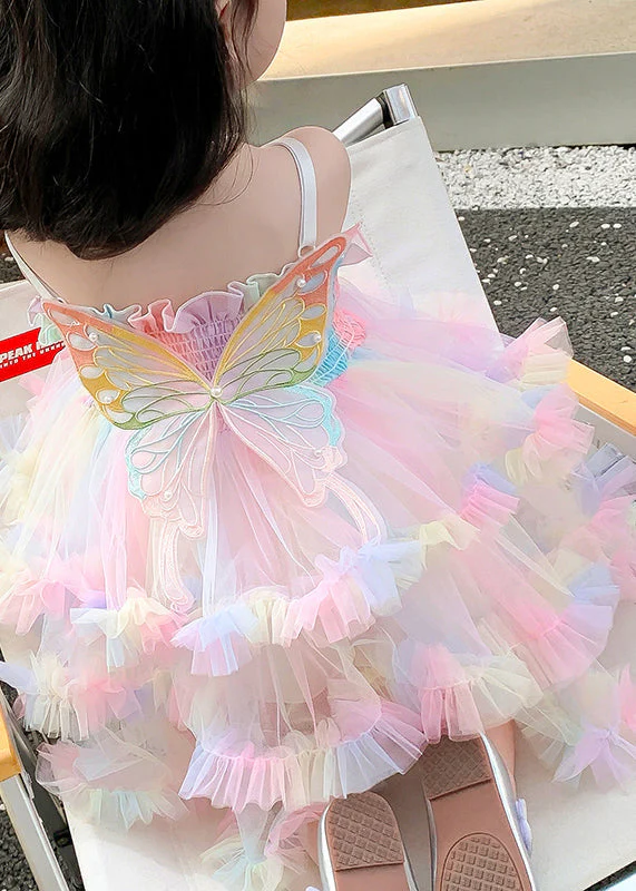 Elegant Rainbow Ruffled Exra Large Hem Tulle Kids Girls Spaghetti Strap Dress Summer - Image 5