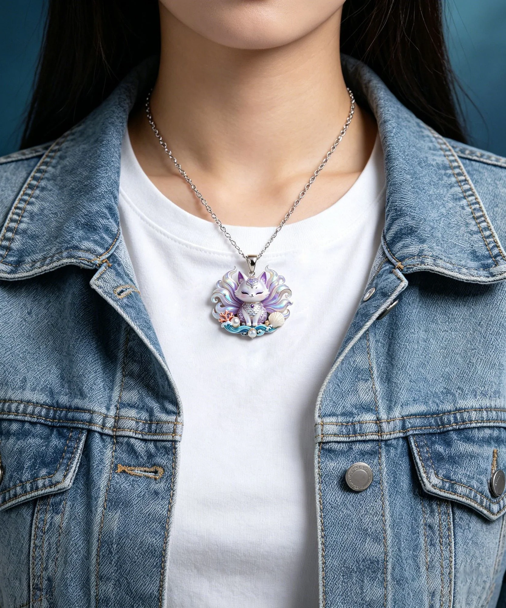 Elegant Rainbow Stainless Steel Enamel Nine Tailed Fox Pendant Necklace - Image 4
