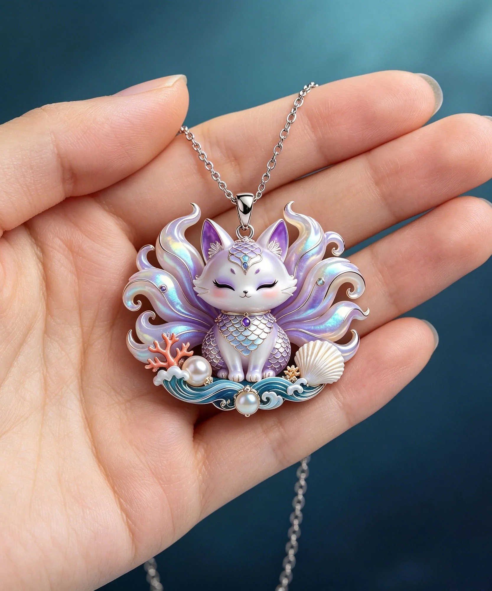 Elegant Rainbow Stainless Steel Enamel Nine Tailed Fox Pendant Necklace - Image 5