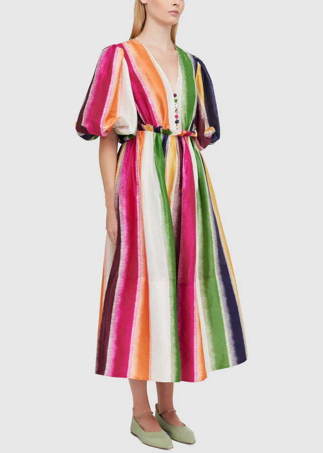Elegant Rainbow V Neck High Waist Cotton Long Dress Summer - Image 3