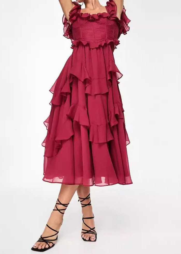 Elegant Red Backless Ruffled Cotton Long Dress Summer - Image 2