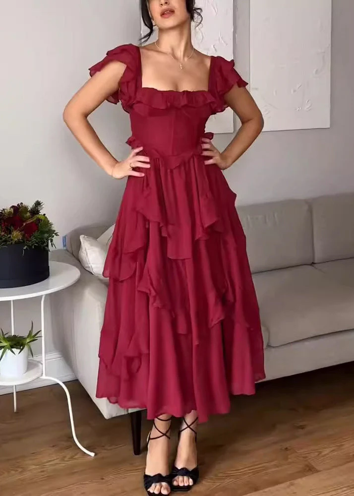 Elegant Red Backless Ruffled Cotton Long Dress Summer - Image 3