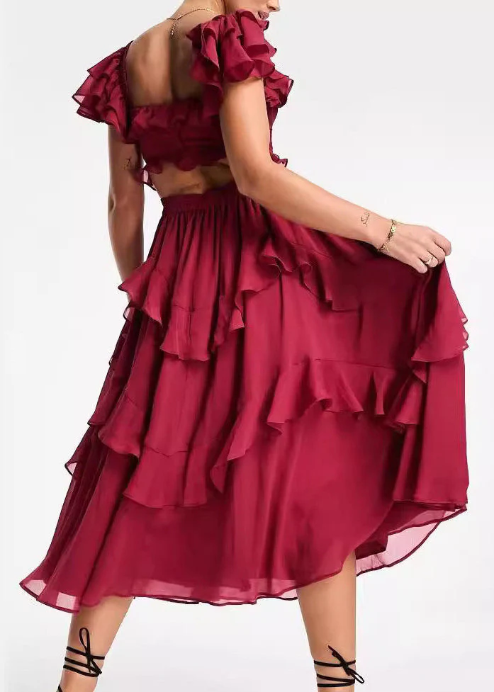 Elegant Red Backless Ruffled Cotton Long Dress Summer - Image 4