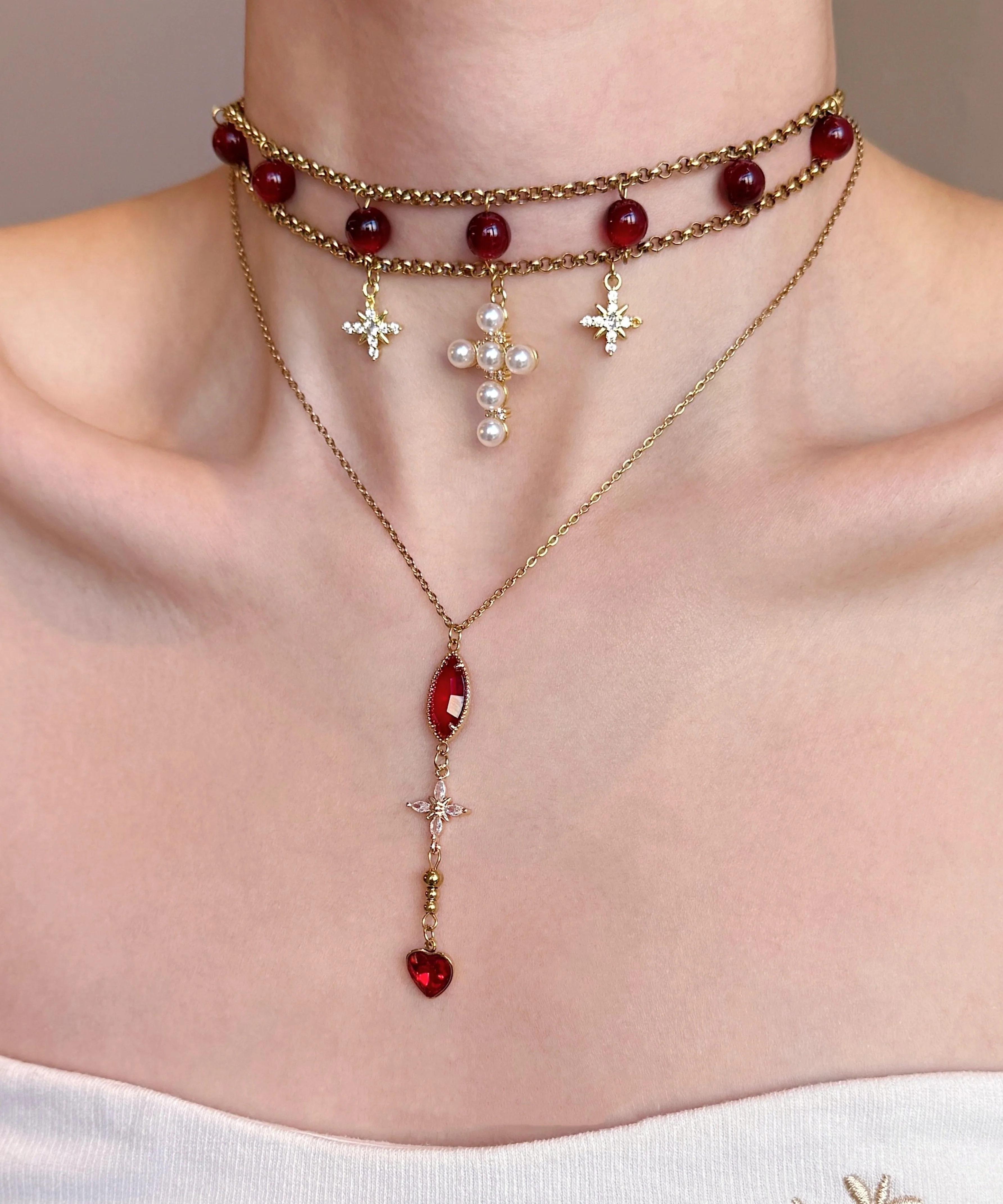 Elegant Red Cat's Eye Cross Layering Alloy Two Piece Set Pendant Necklace - Image 3