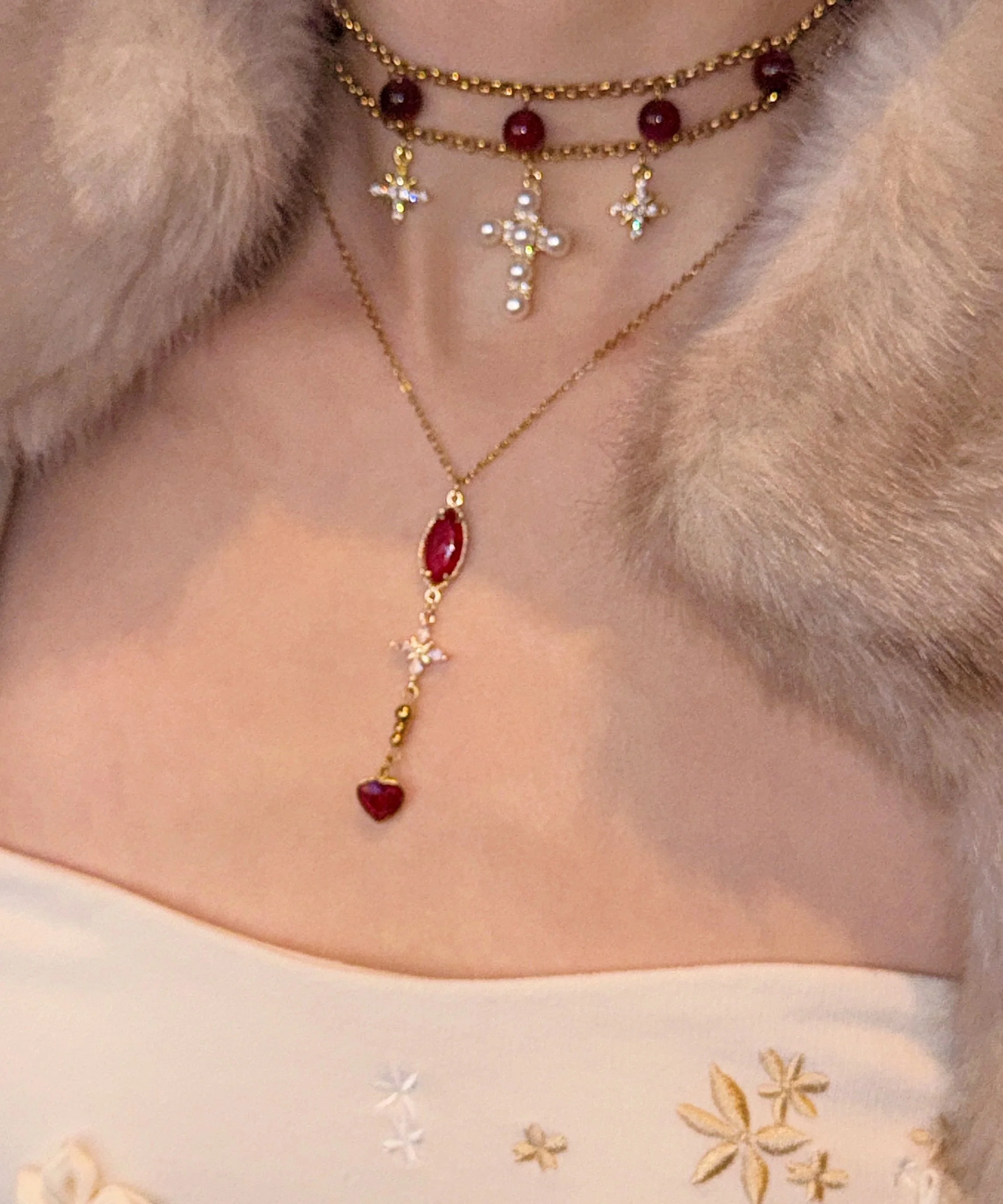 Elegant Red Cat's Eye Cross Layering Alloy Two Piece Set Pendant Necklace - Image 4