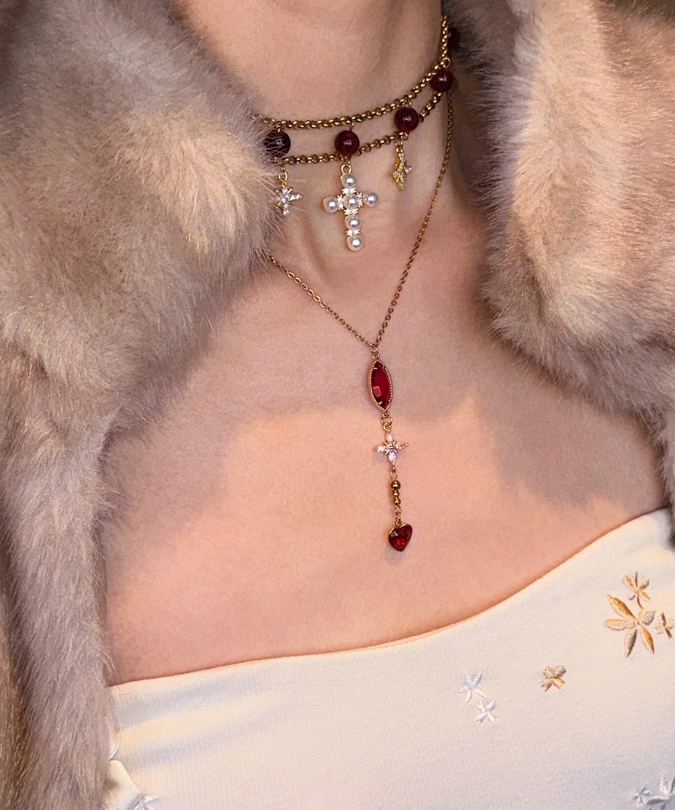 Elegant Red Cat's Eye Cross Layering Alloy Two Piece Set Pendant Necklace - Image 5