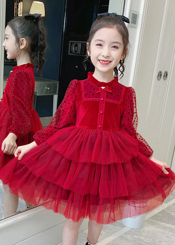Elegant Red Dot Print Tulle Kids Long Princess Dress Long Sleeve - Image 3