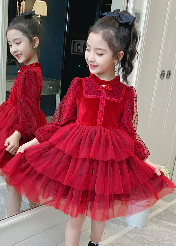 Elegant Red Dot Print Tulle Kids Long Princess Dress Long Sleeve - Image 4
