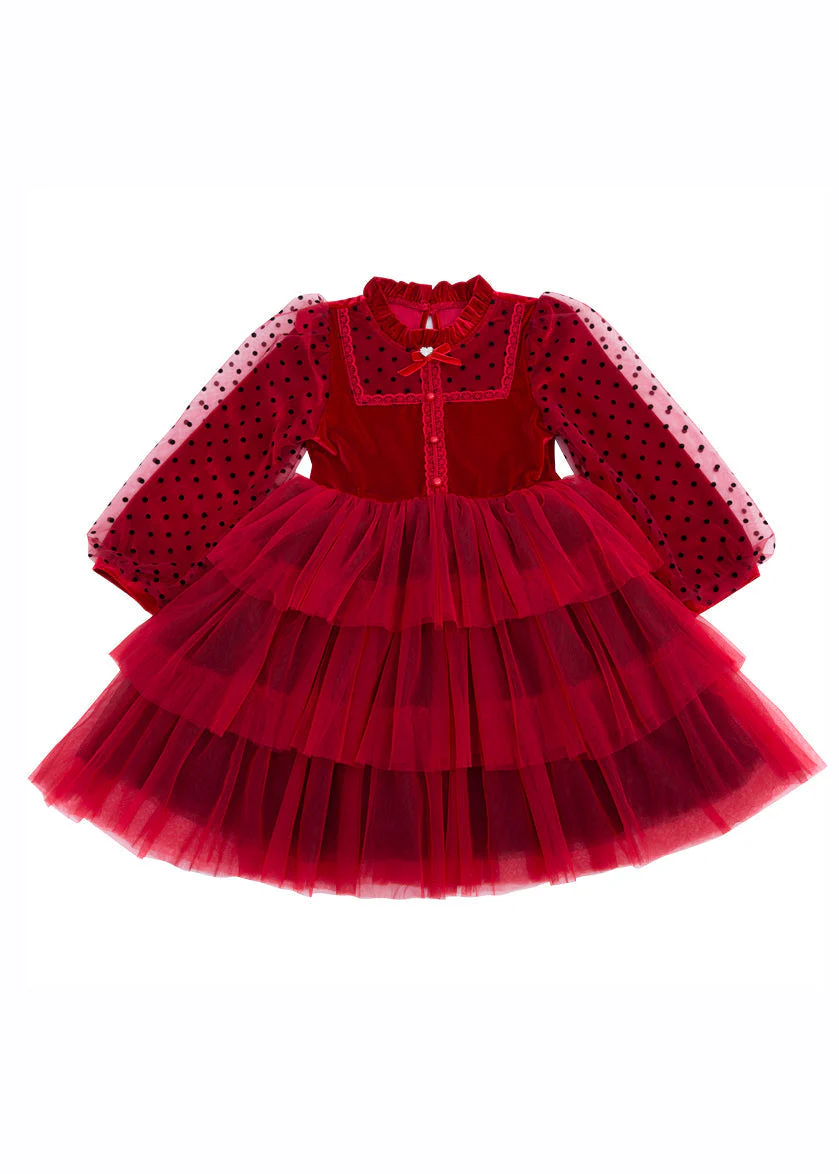 Elegant Red Dot Print Tulle Kids Long Princess Dress Long Sleeve - Image 5
