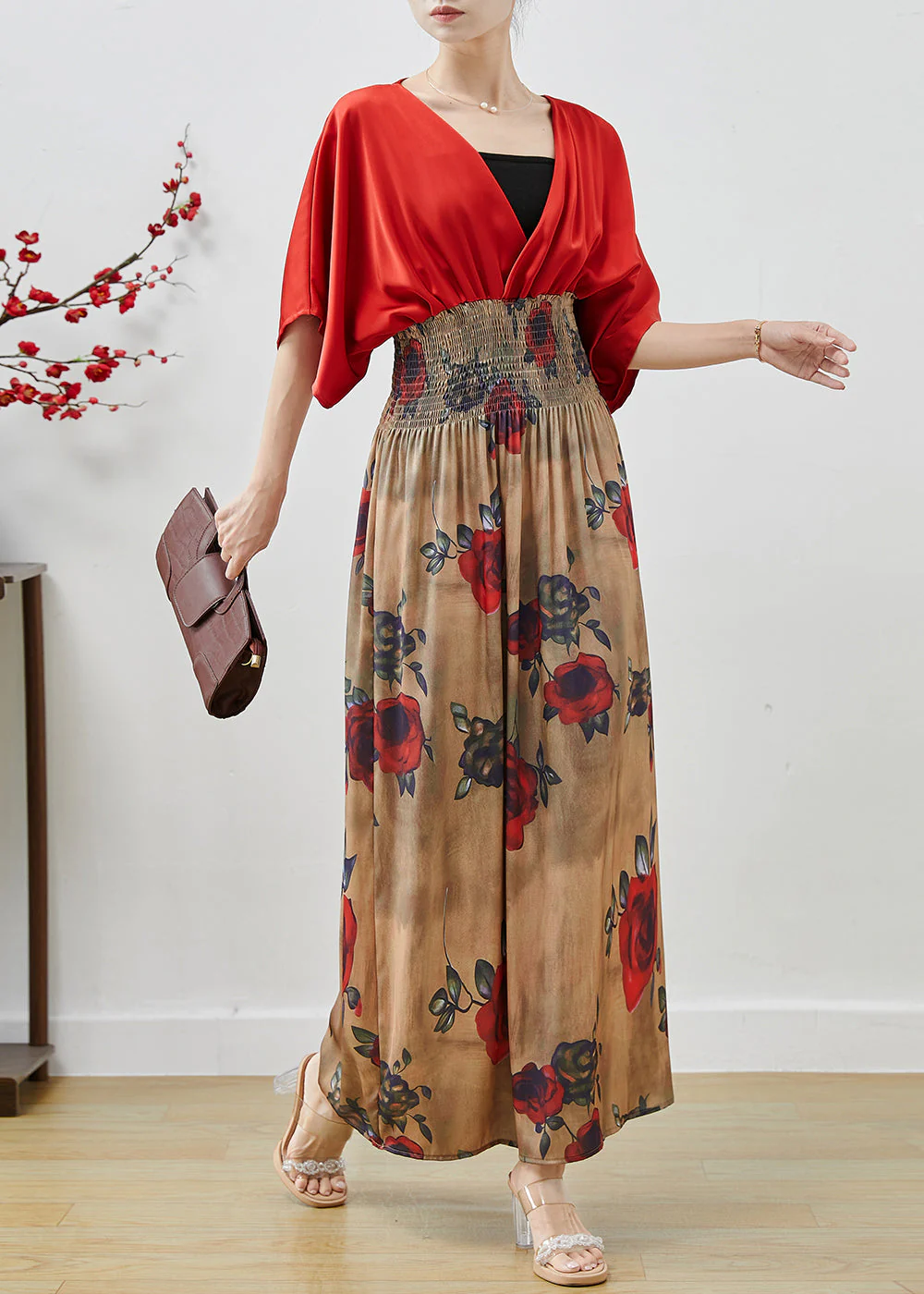 Elegant Red Elastic Waist Patchwork Chiffon Dress Summer - Image 3