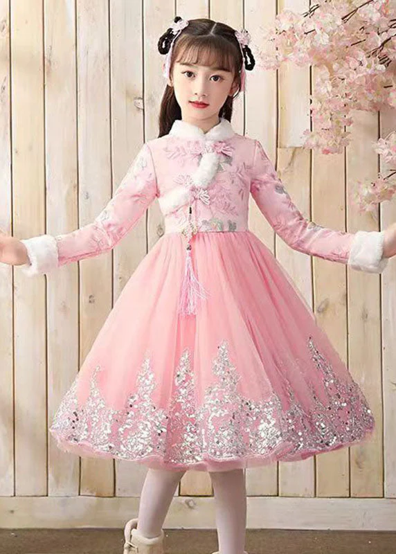 Elegant Red Fur Collar Sequins Patchwork Button Tulle Girls Long Dress Winter - Image 2