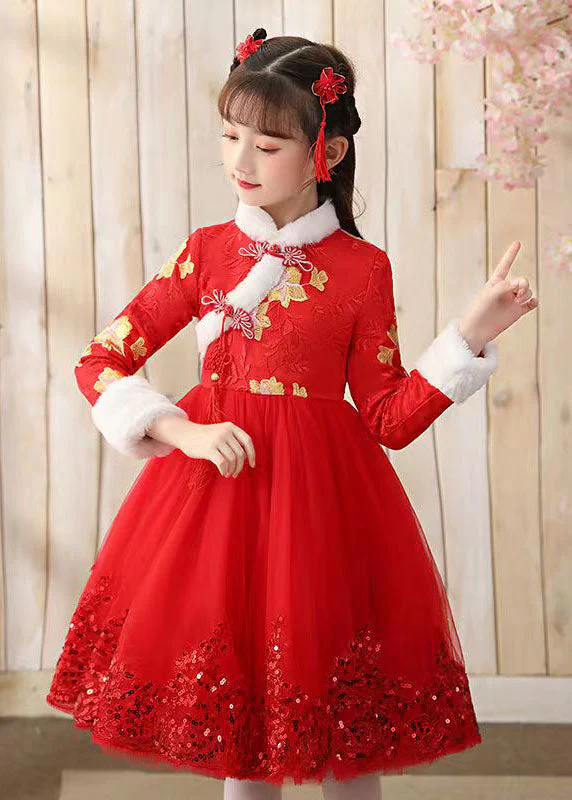 Elegant Red Fur Collar Sequins Patchwork Button Tulle Girls Long Dress Winter - Image 3