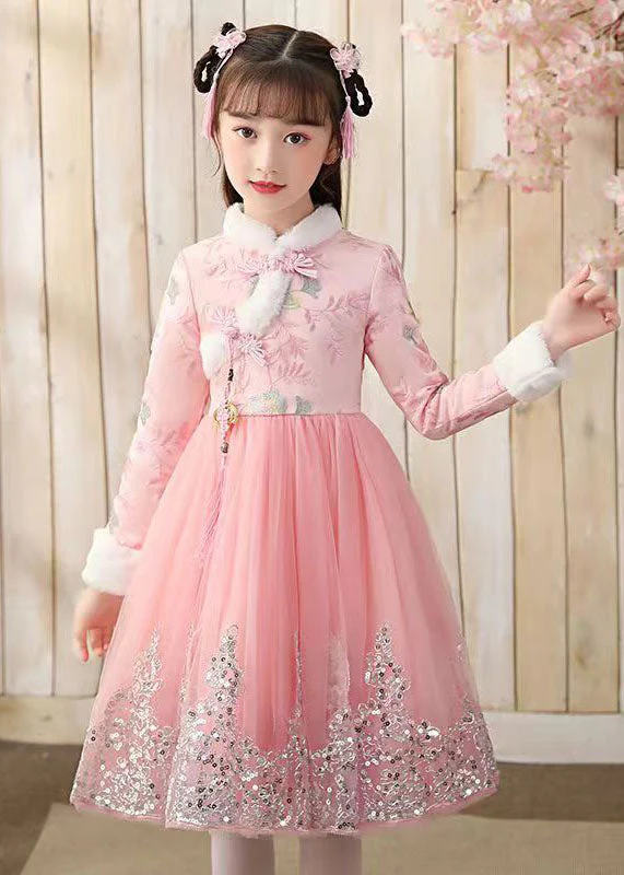 Elegant Red Fur Collar Sequins Patchwork Button Tulle Girls Long Dress Winter - Image 4