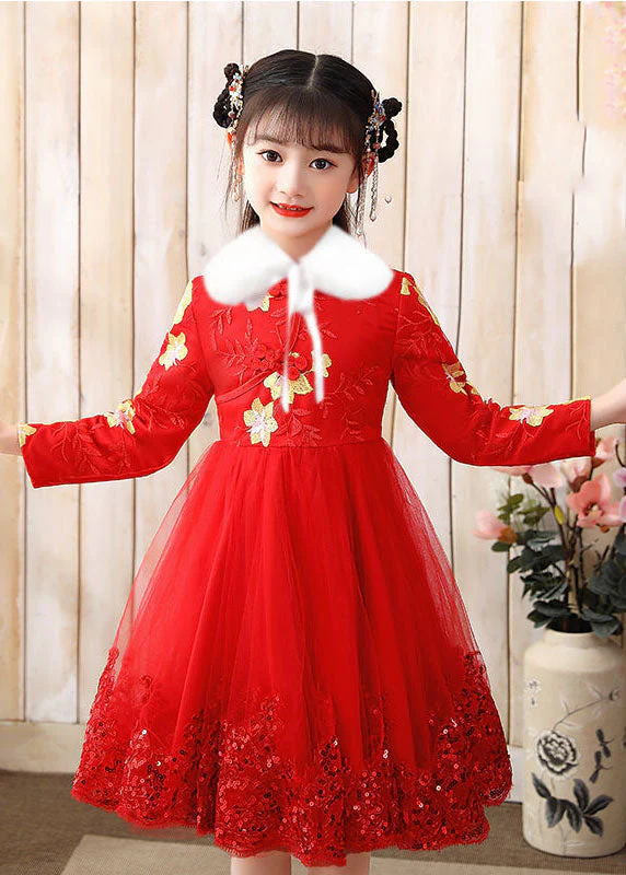 Elegant Red Fur Collar Sequins Patchwork Button Tulle Girls Long Dress Winter - Image 5