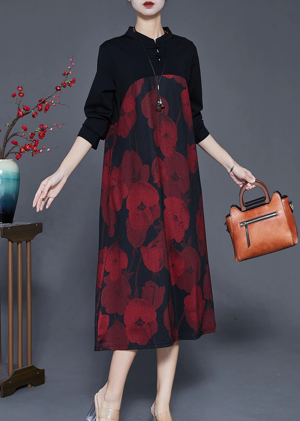 Elegant Red Mandarin Collar Print Cotton Holiday Dress Spring - Image 2
