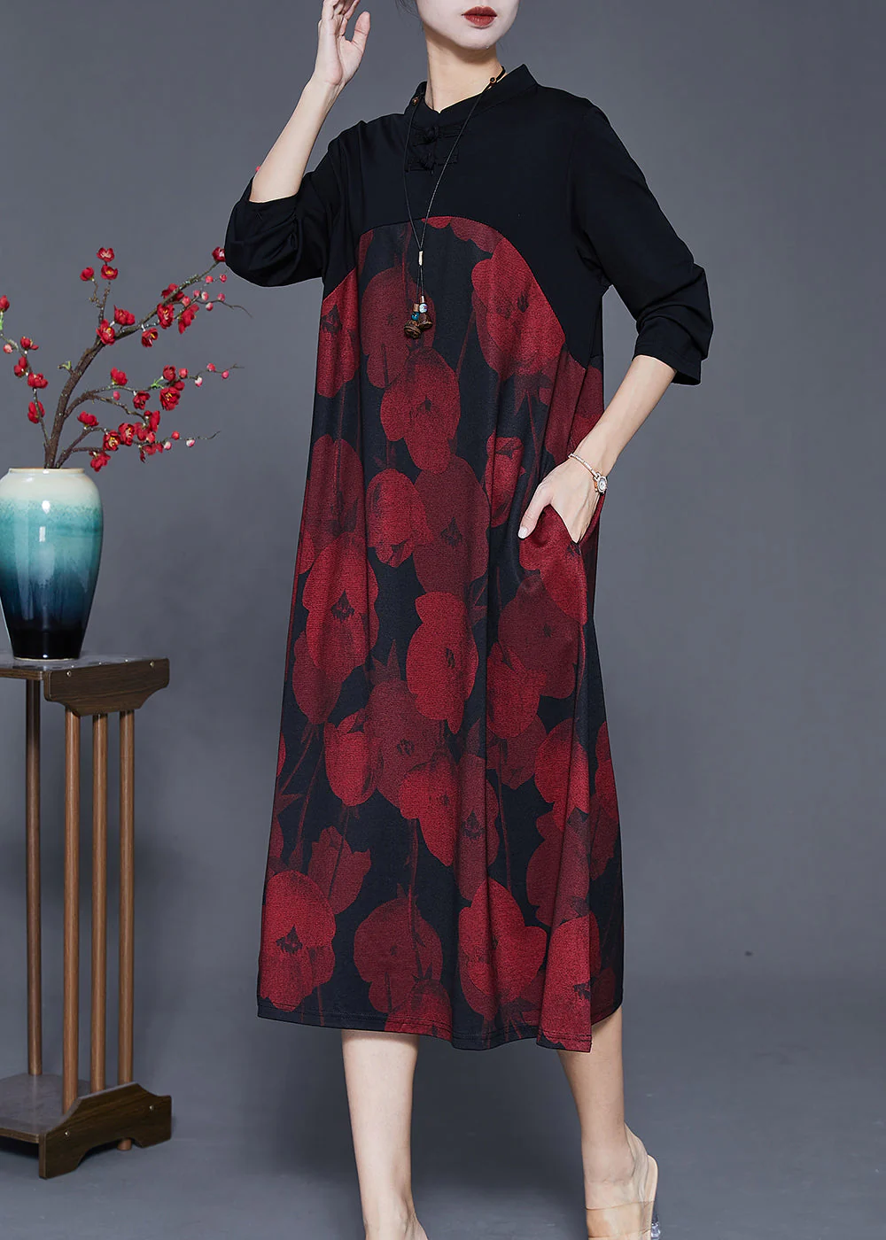 Elegant Red Mandarin Collar Print Cotton Holiday Dress Spring - Image 3