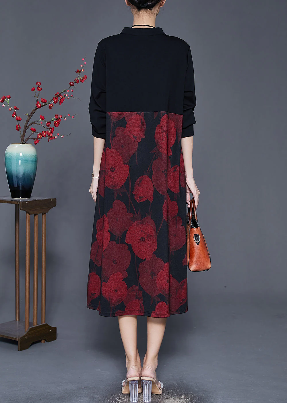 Elegant Red Mandarin Collar Print Cotton Holiday Dress Spring - Image 4