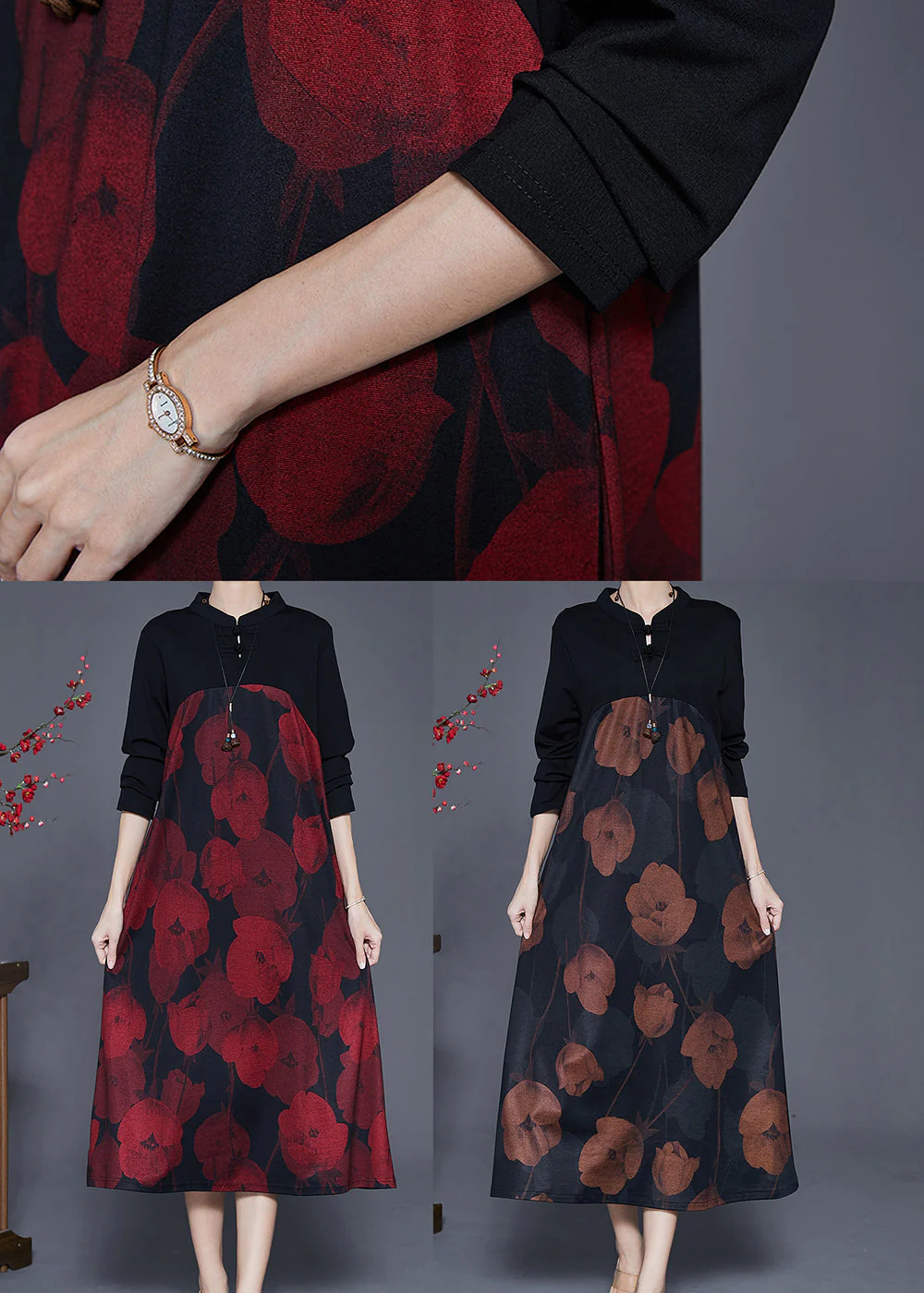 Elegant Red Mandarin Collar Print Cotton Holiday Dress Spring - Image 5