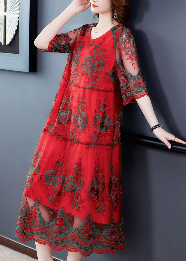 Elegant Red O-Neck Embroideried Tulle Vacation Dress Half Sleeve - Image 2