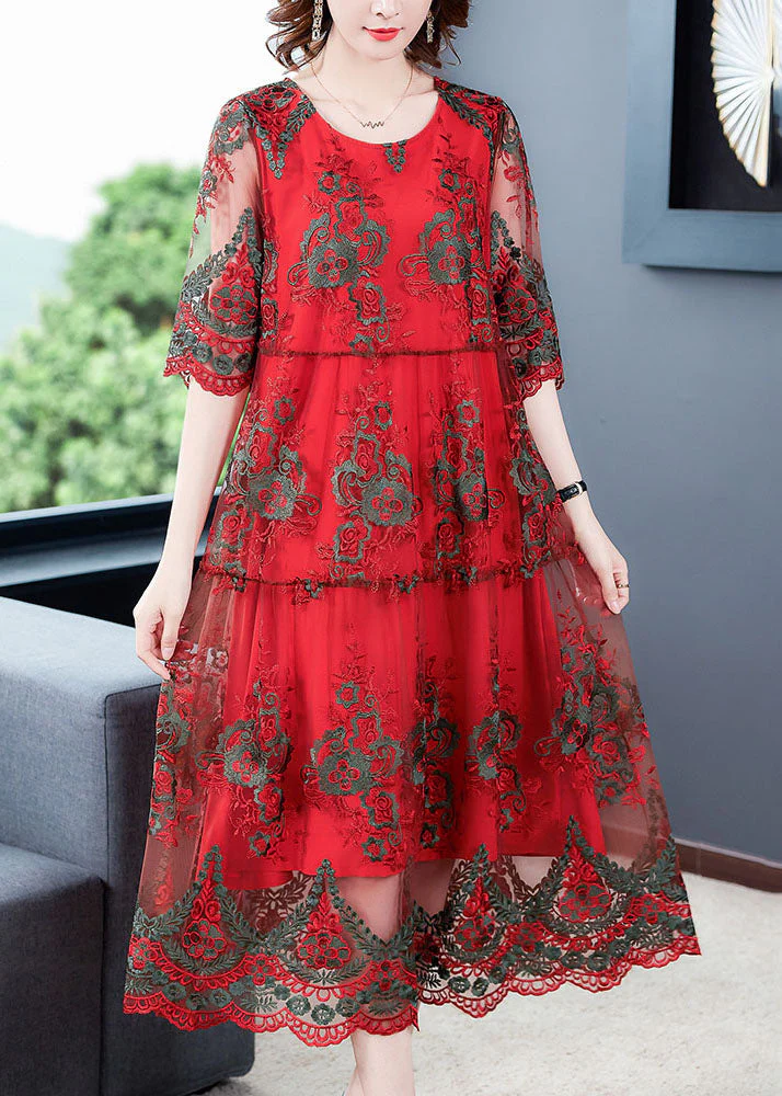 Elegant Red O-Neck Embroideried Tulle Vacation Dress Half Sleeve - Image 3