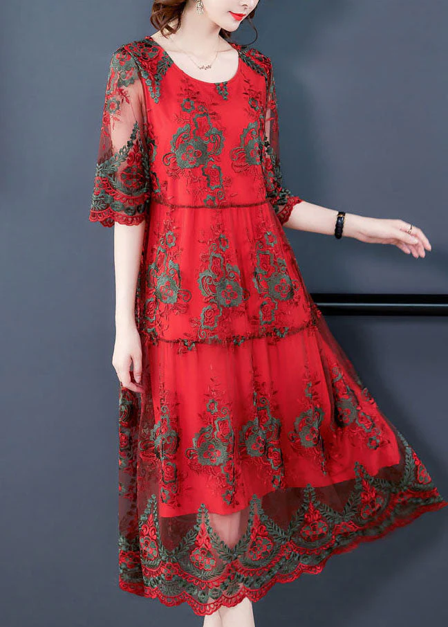 Elegant Red O-Neck Embroideried Tulle Vacation Dress Half Sleeve - Image 4