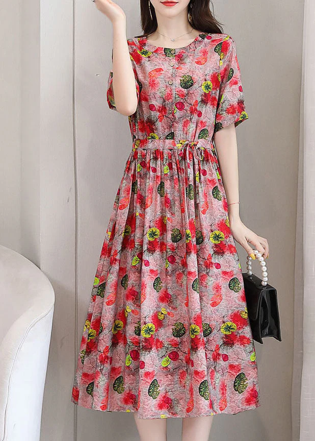 Elegant Red O-Neck Print 2025 Linen Cinch Dresses Short Sleeve - Image 2