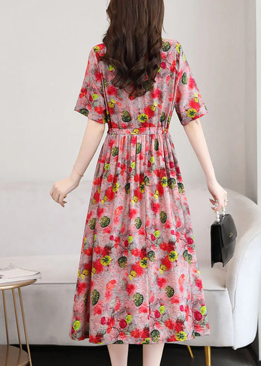 Elegant Red O-Neck Print 2025 Linen Cinch Dresses Short Sleeve - Image 3