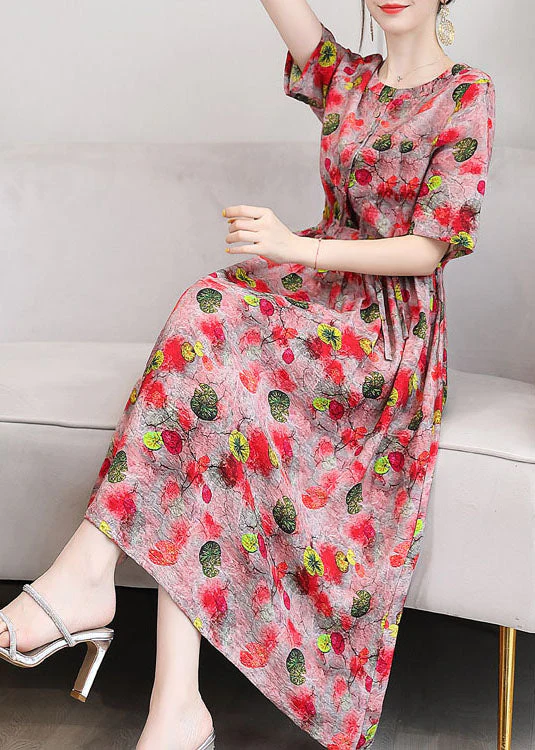 Elegant Red O-Neck Print 2025 Linen Cinch Dresses Short Sleeve - Image 4